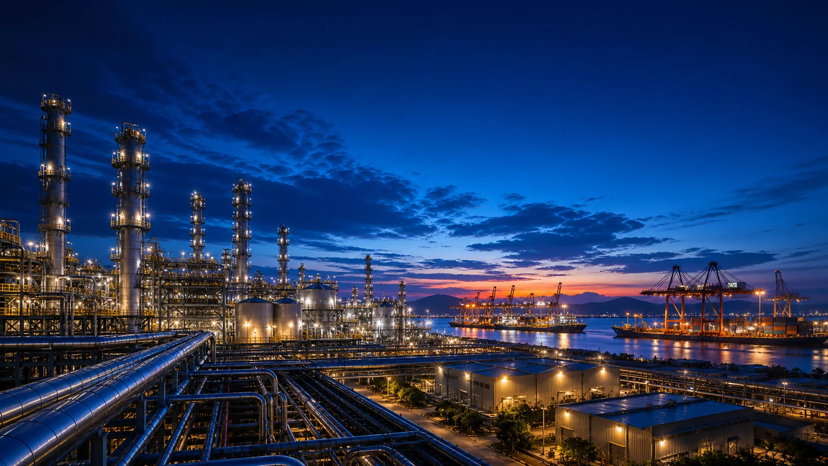 Petrochemical refinery and container port at dusk